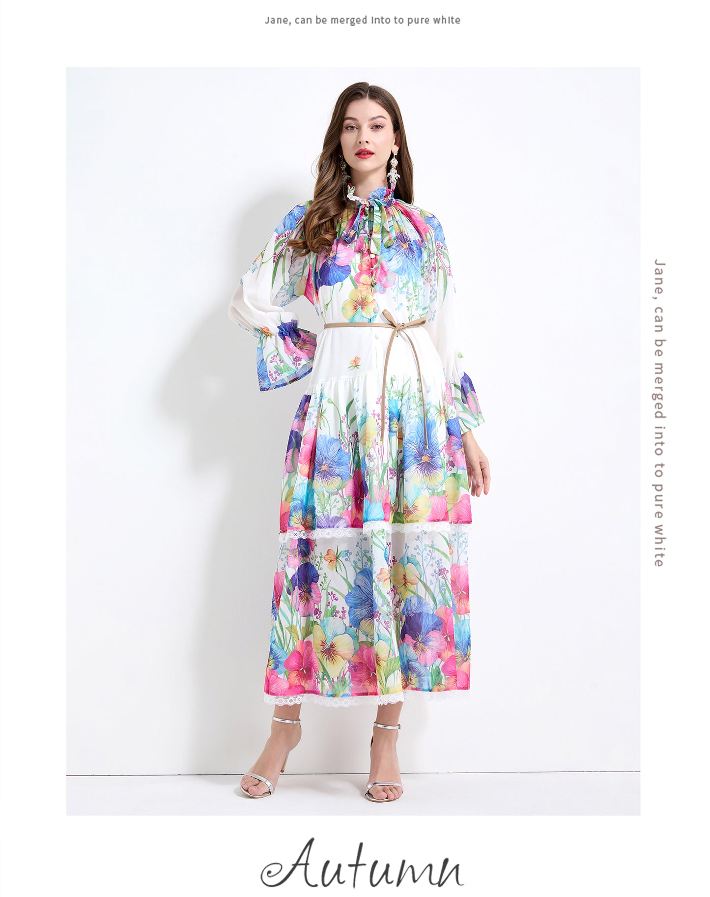 Original design - spring and summer fake lace cake skirt floral print waist ruffle skirt