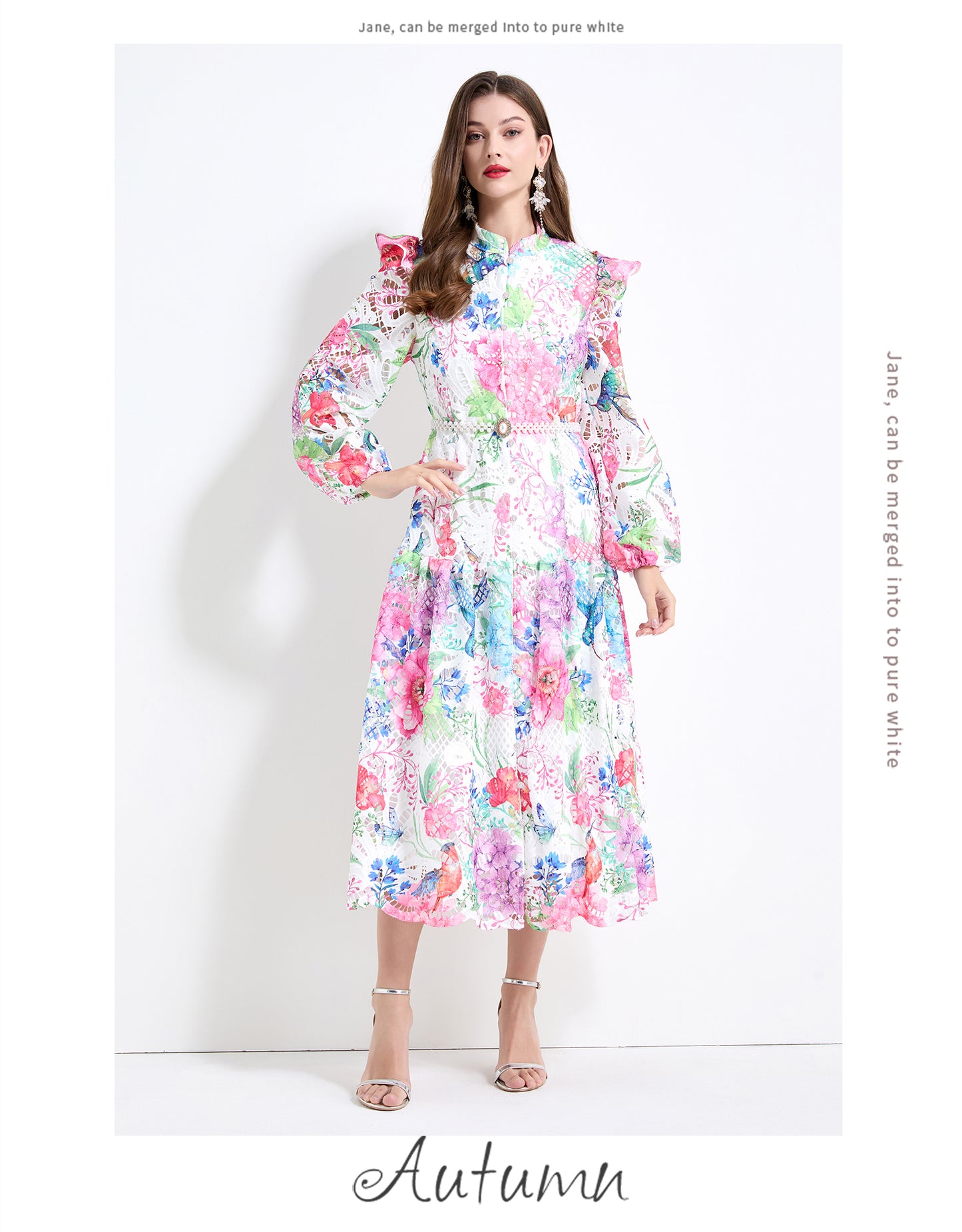 Original design - Spring/Summer vintage stand collar floral print heavy industry water-soluble long waist lace dress