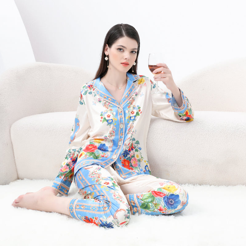 Original design spring/summer-autumn - casual trim pajama suit set with a suit collar long sleeves trousers print 2-piece set