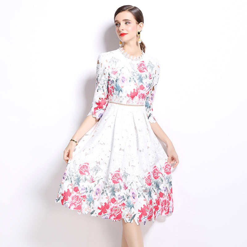 Original design mid long sleeved fashionable slimming hollow out water-soluble lace positioning mid length dress