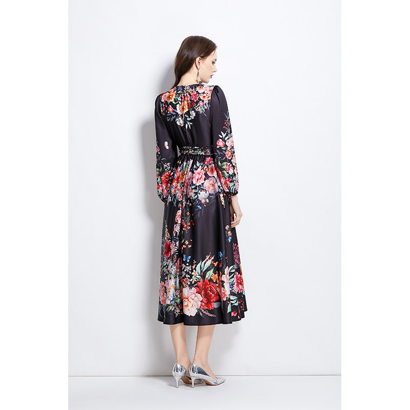 Original Design Spring/Summer Oil Painting Flower Pattern Wrapped Mid length Dress