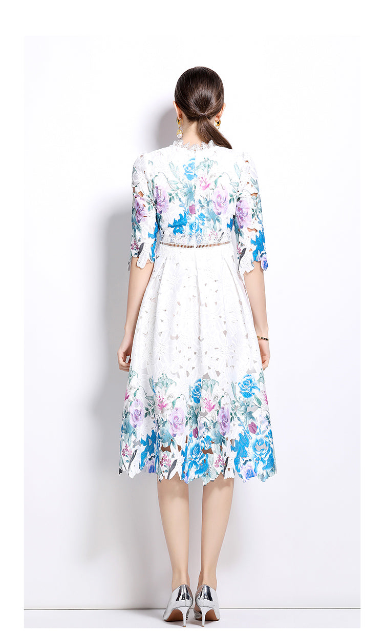 Original design mid long sleeved fashionable slimming hollow out water-soluble lace positioning mid length dress