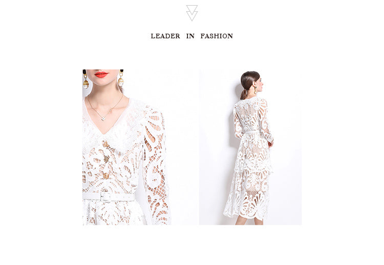 Original Design: Spring and Summer High End Water soluble Embroidered Medium length Skirt with V-neck and Waist cinching to Look Thin Dress