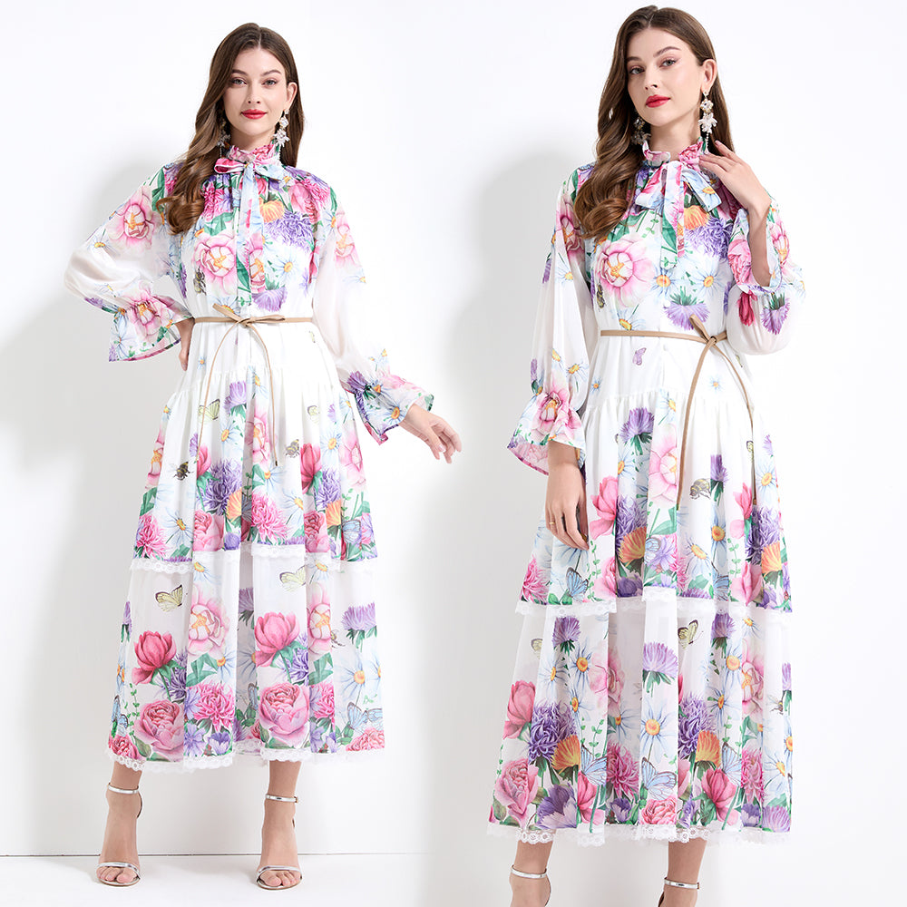 Original design - spring and summer fake lace cake skirt floral print waist ruffle skirt