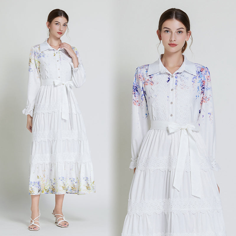 Original design fashionable bohemian lapel lace border lantern sleeves cinched waist long printed dress