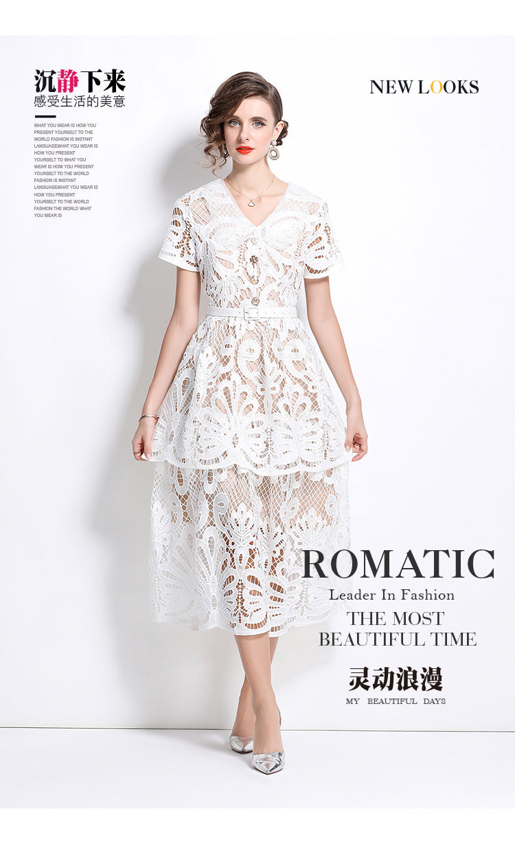 Original Design: Spring/Summer French Luxury Water soluble Embroidered Medium length Skirt with V-neck and Waist cinching to Look Thin Dress