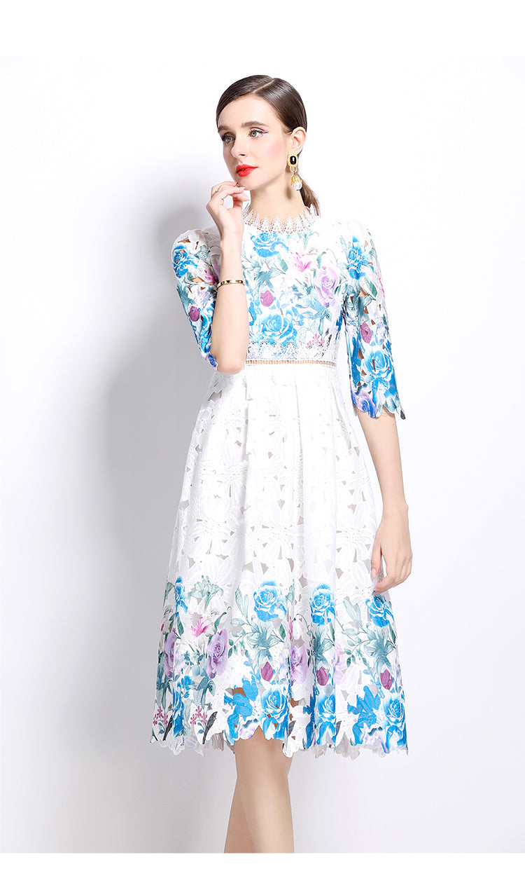 Original design mid long sleeved fashionable slimming hollow out water-soluble lace positioning mid length dress