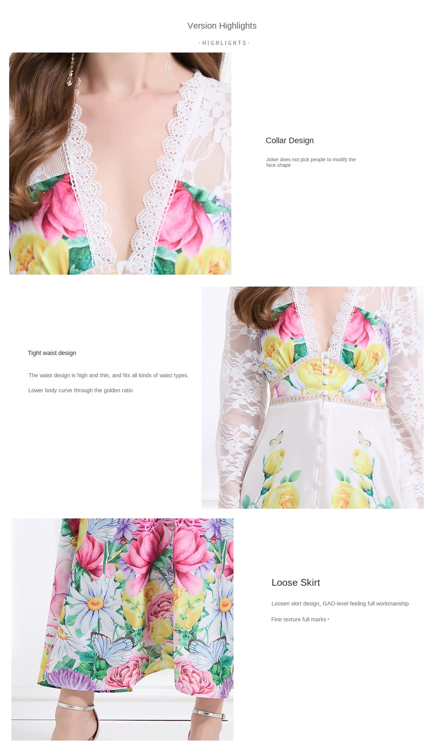 Original design - spring and summer resort style lace patchwork print waist maxi skirt ruffle dress
