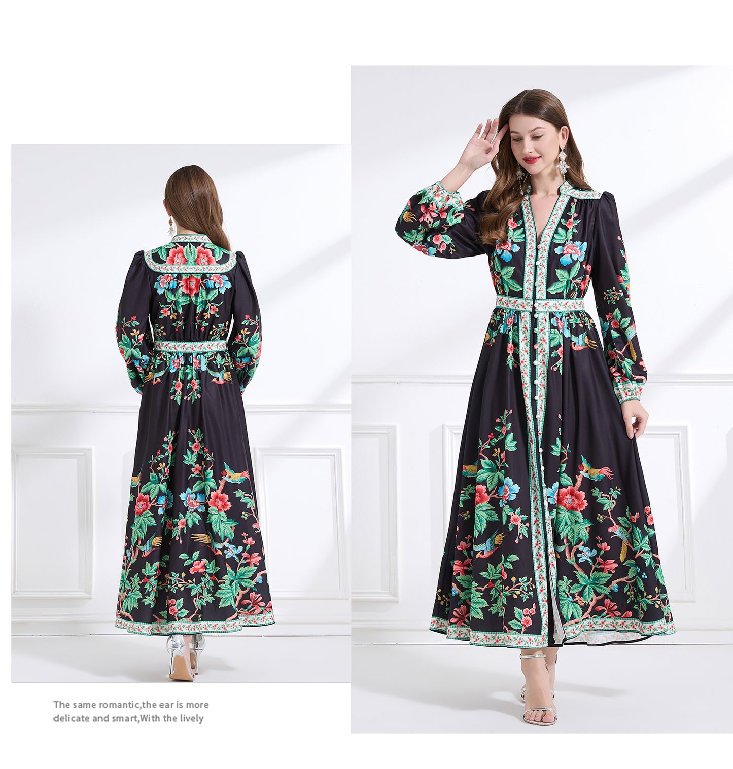 Original design Spring/summer resort-style V-neck, linen, floral, printed, balloon-sleeved, waist-cinching, ruffled maxi skirt