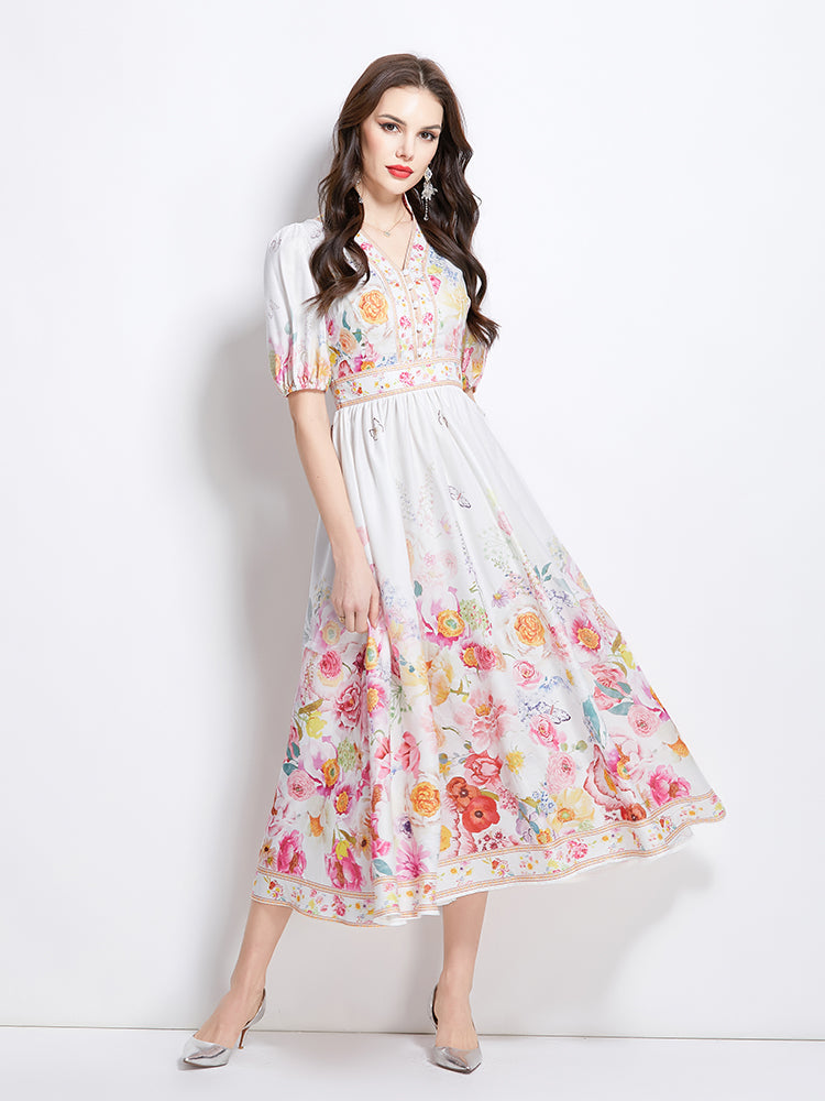 Original design for spring and summer new style bubble sleeve oil painting style waist cinched V-neck dress