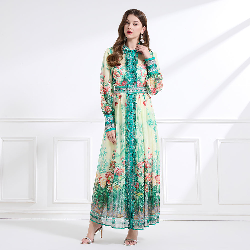 Original design - Spring/Summer, Autumn chiffon shirt collar print, long sleeves, cinched waist, ruffled maxi skirt