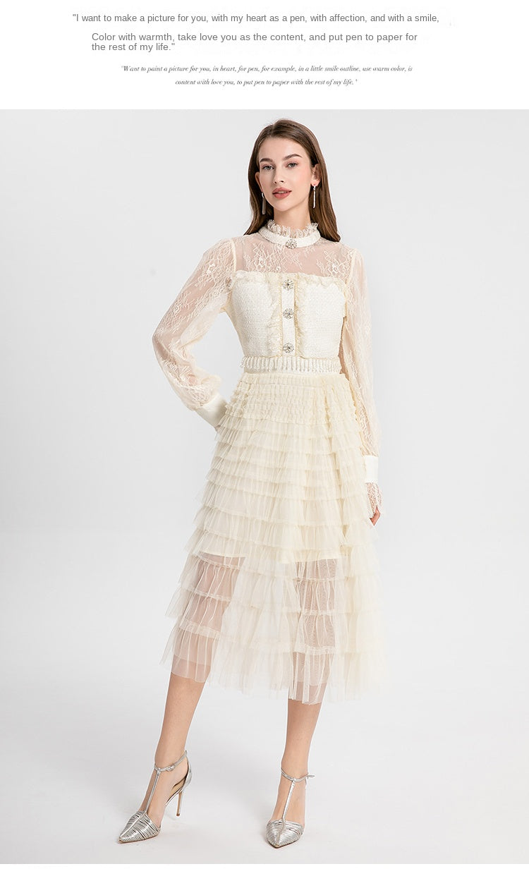 Original design women's heavy industry coarse tweed splicing mesh cake skirt crystal tassel temperament fairy