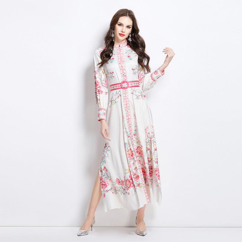 Original design mid length dress with blue and white porcelain pattern standing collar for spring, summer, autumn vacation