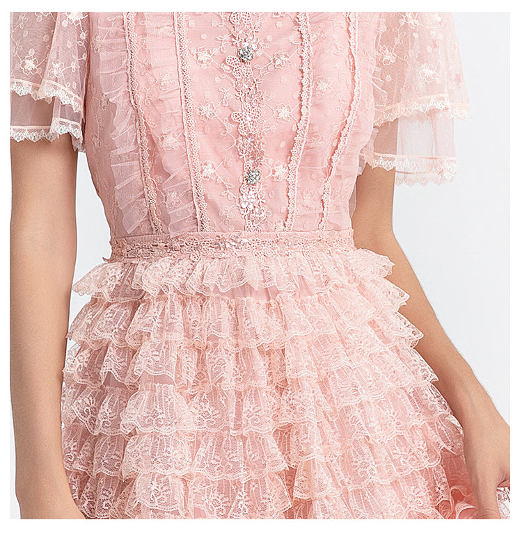 Original design short sleeved French sweet lace lace cake skirt with nail and diamond waist cinching temperament dress