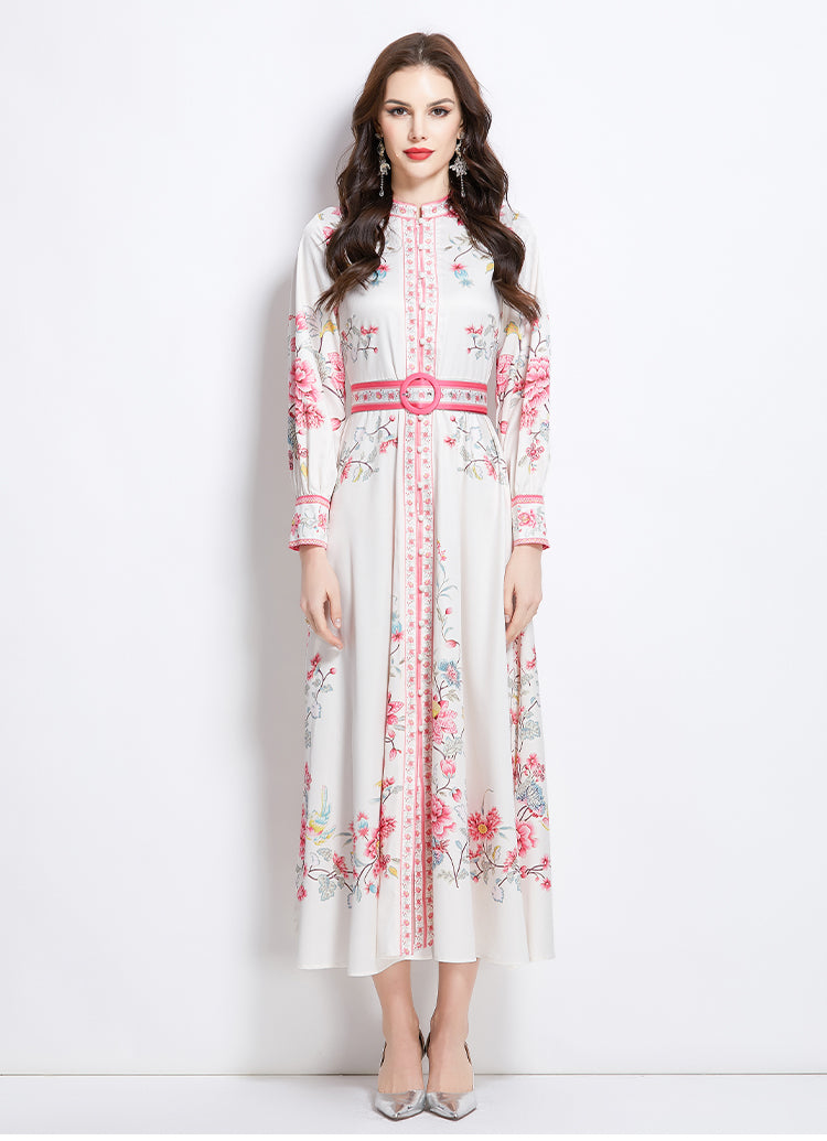 Original design mid length dress with blue and white porcelain pattern standing collar for spring, summer, autumn vacation