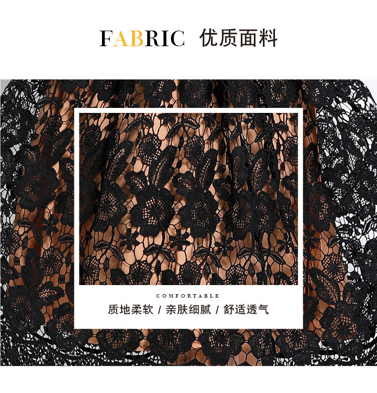 Original design short sleeved slimming hollow out water-soluble lace positioning mid length dress