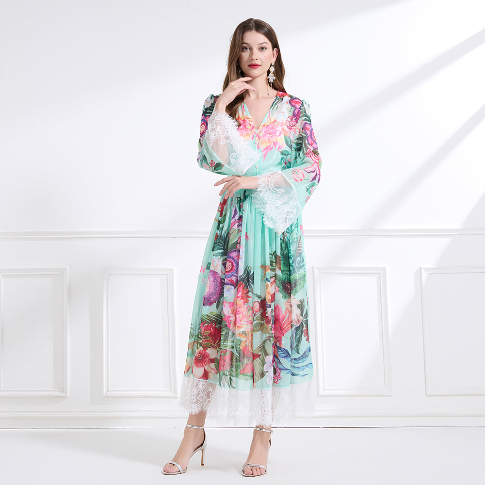 Original design: resort-style V-neck lace print suit, waist-cinching ruffled maxi dress