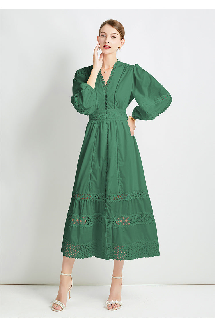 Original design fashionable temperament V-neck patchwork lace hollow out design sense long sleeved waist cinching dress