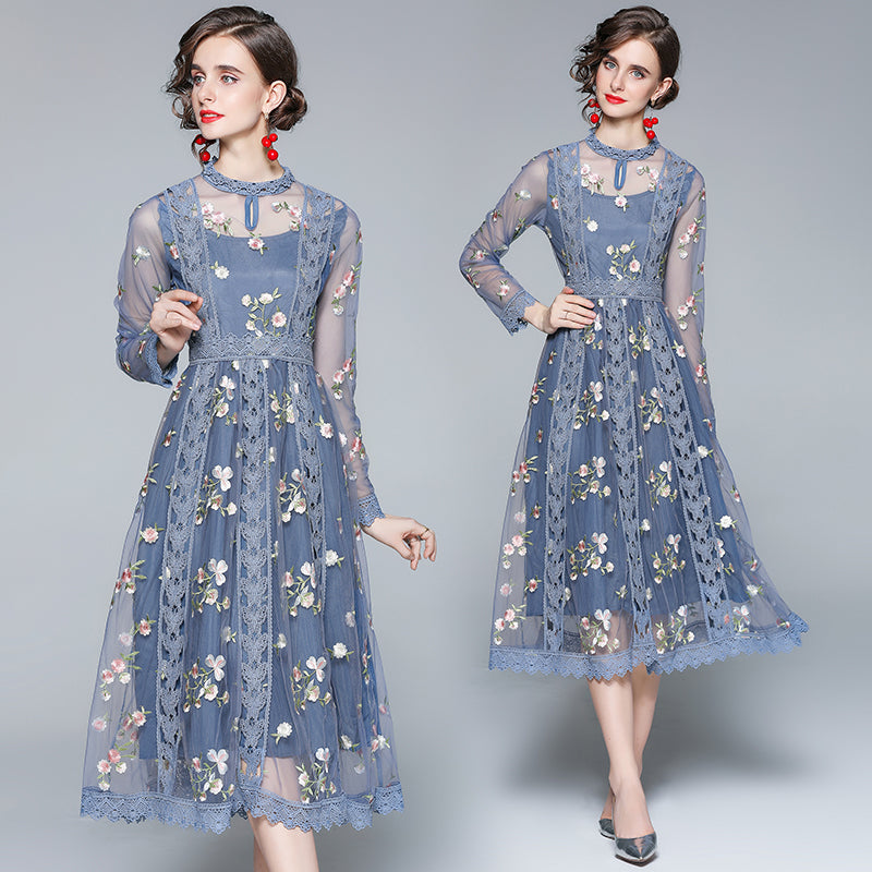 Original Design Heavy Industry Fine Embroidery Mesh French Long Style Super Fairy Sweet Dress
