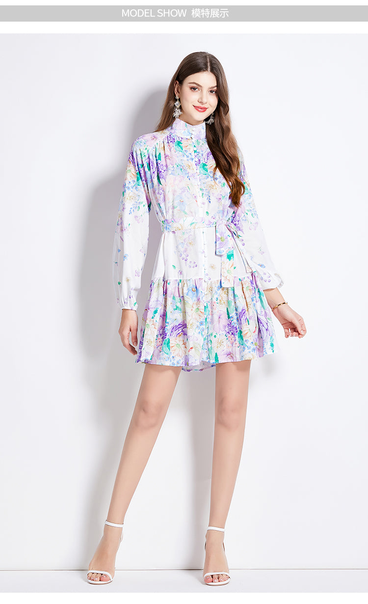 Original Design Spring/Summer Autumn Vacation New Flower Oil Painting Style Stand up Neck Short Dress
