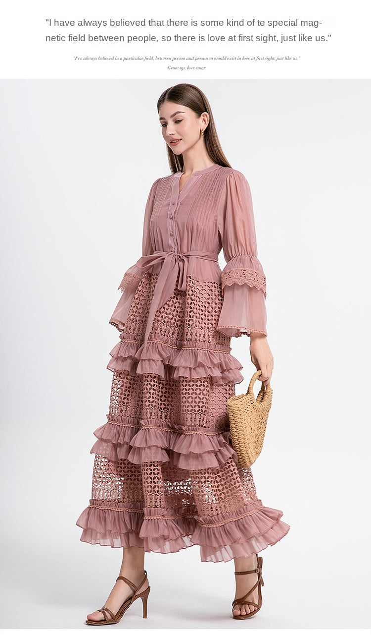 French retro court-style cut-out lace patchwork with fungus trim and flared sleeves at the waist