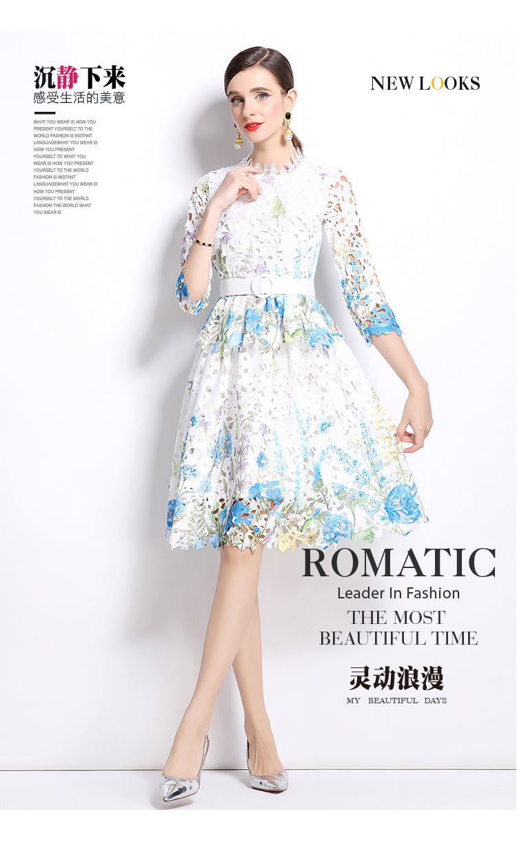 Original design mid long sleeved fashionable slimming hollow out water-soluble lace positioning mid length dress