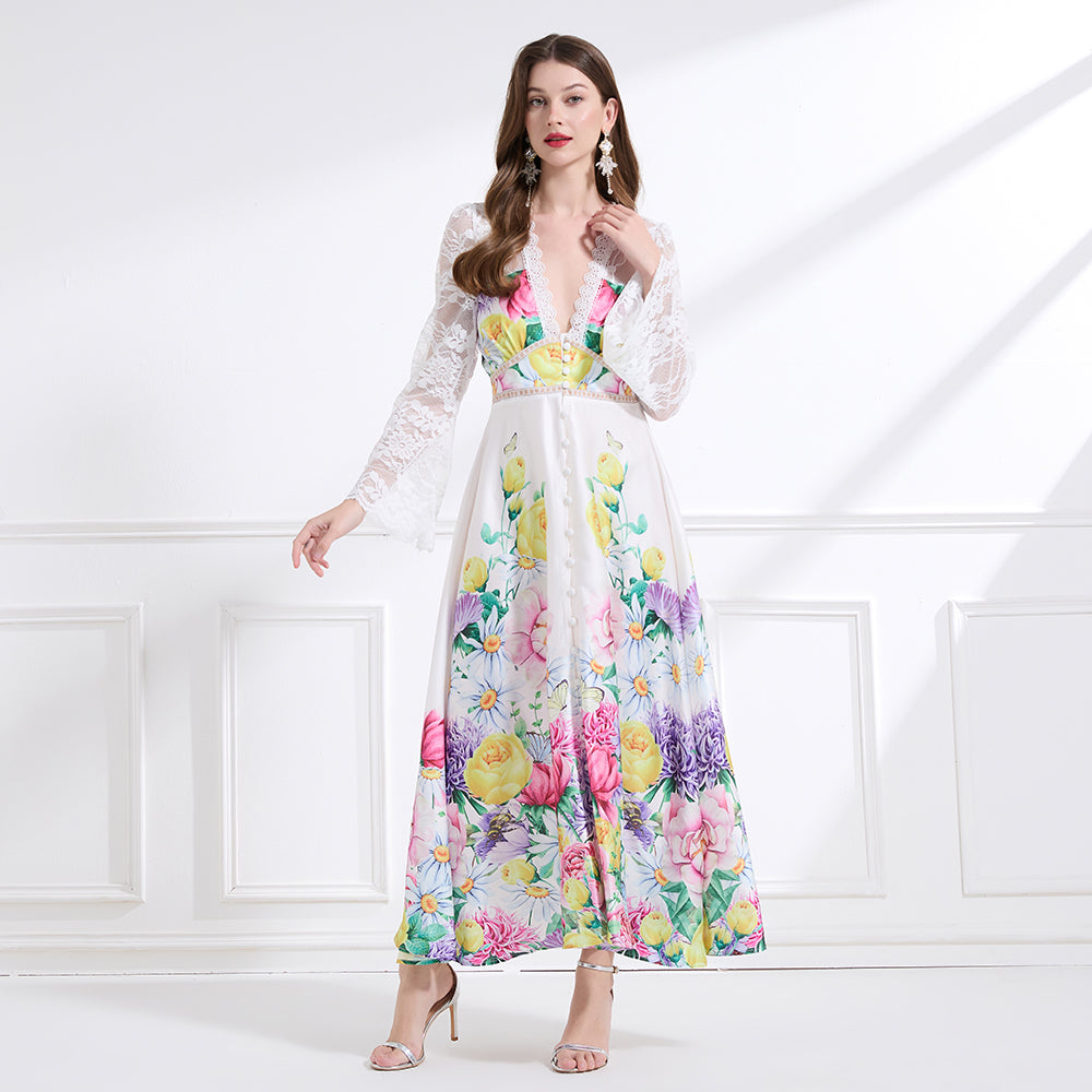 Original design - spring and summer resort style lace patchwork print waist maxi skirt ruffle dress