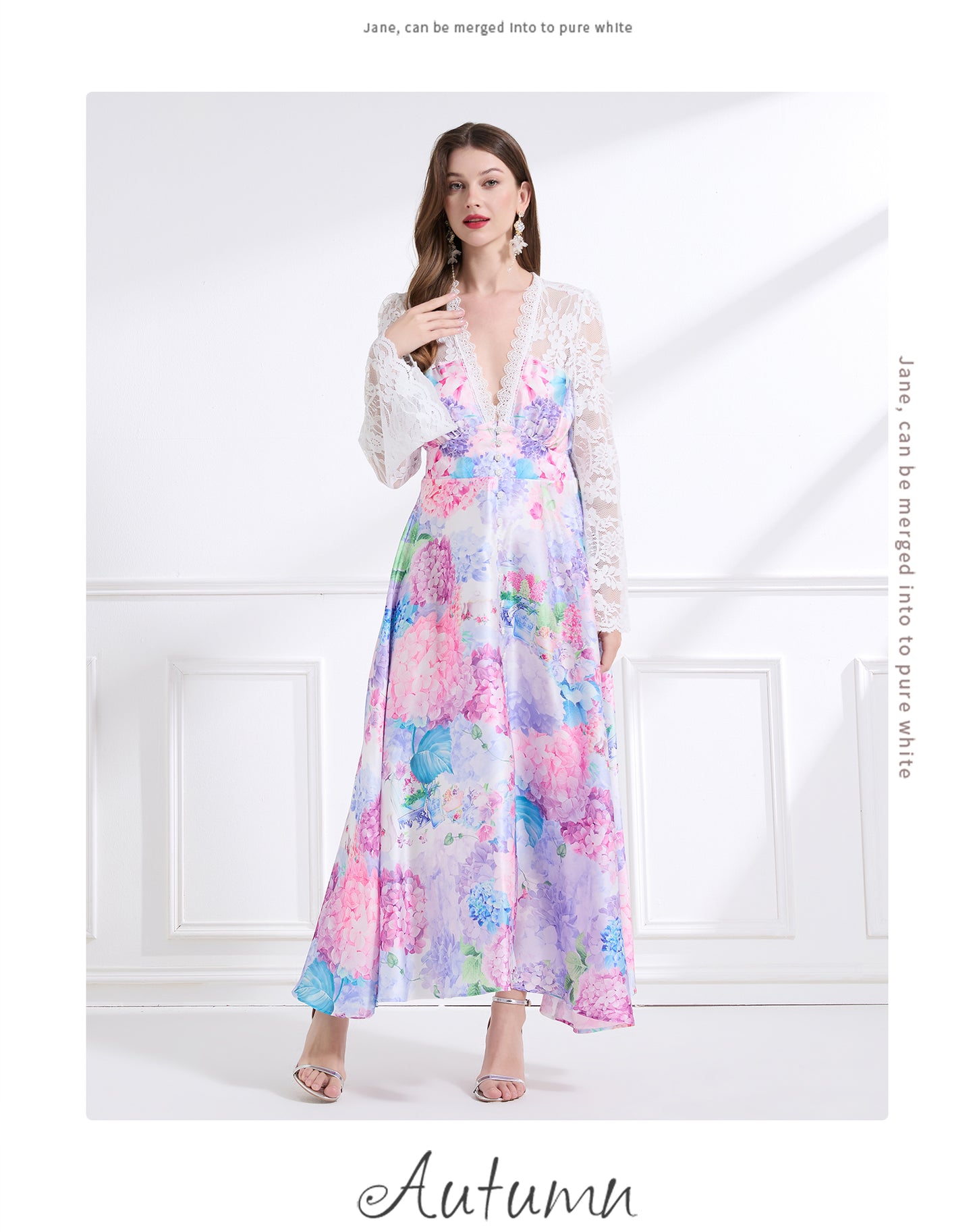Original design - spring and summer resort style lace patchwork print waist maxi skirt ruffle dress