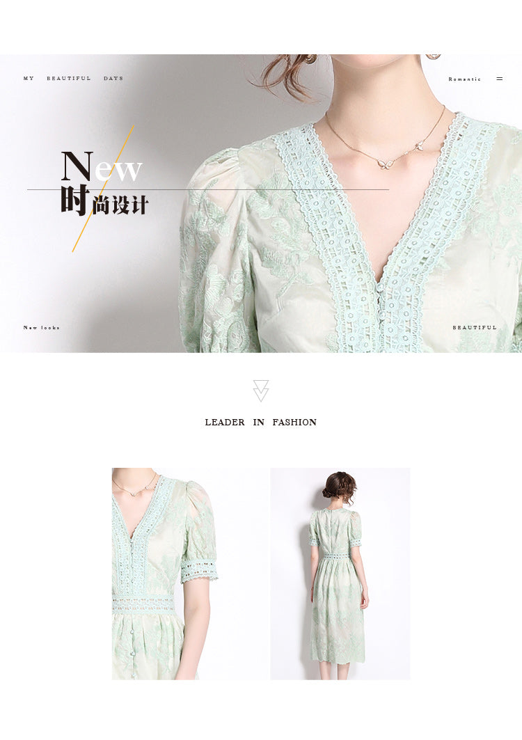 Original Design: Spring/Summer Embroidered V-neck Dress with Lace and Lace Charm Slimming Skirt