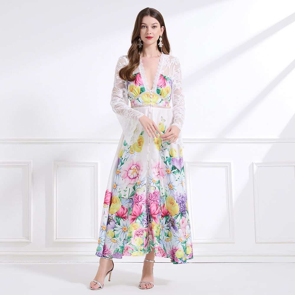 Original design - spring and summer resort style lace patchwork print waist maxi skirt ruffle dress