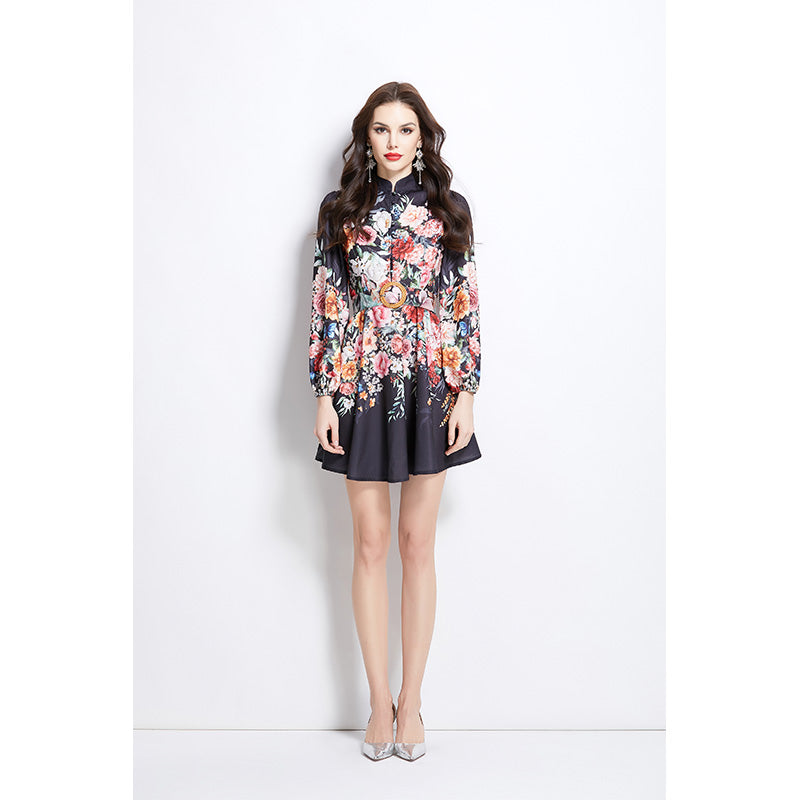 Original Design Spring/Summer Vacation Flower Oil Painting Style Stand up Collar Short Dress