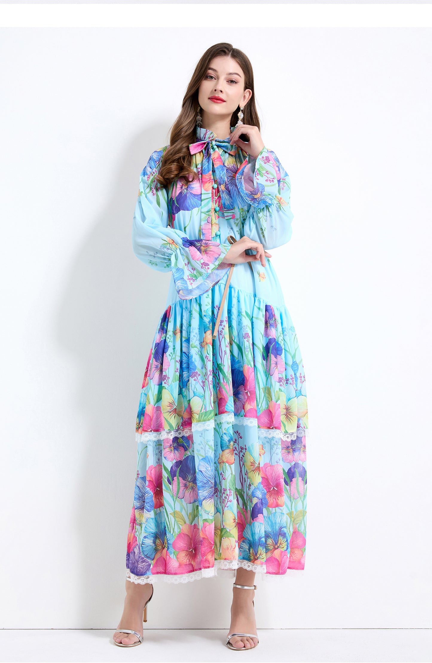 Original design - spring and summer fake lace cake skirt floral print waist ruffle skirt