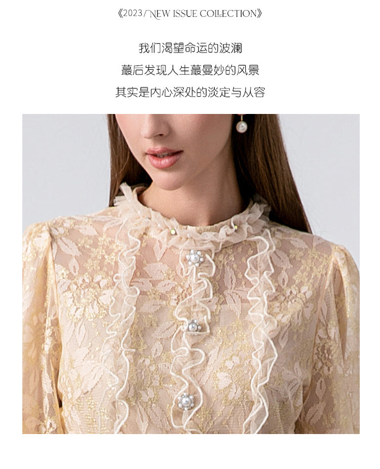 Original Design Heavy Industry Boutique Lace Splicing Coarse tweed Temperament Fake Two Small Fragrant Nail Bead Dresses