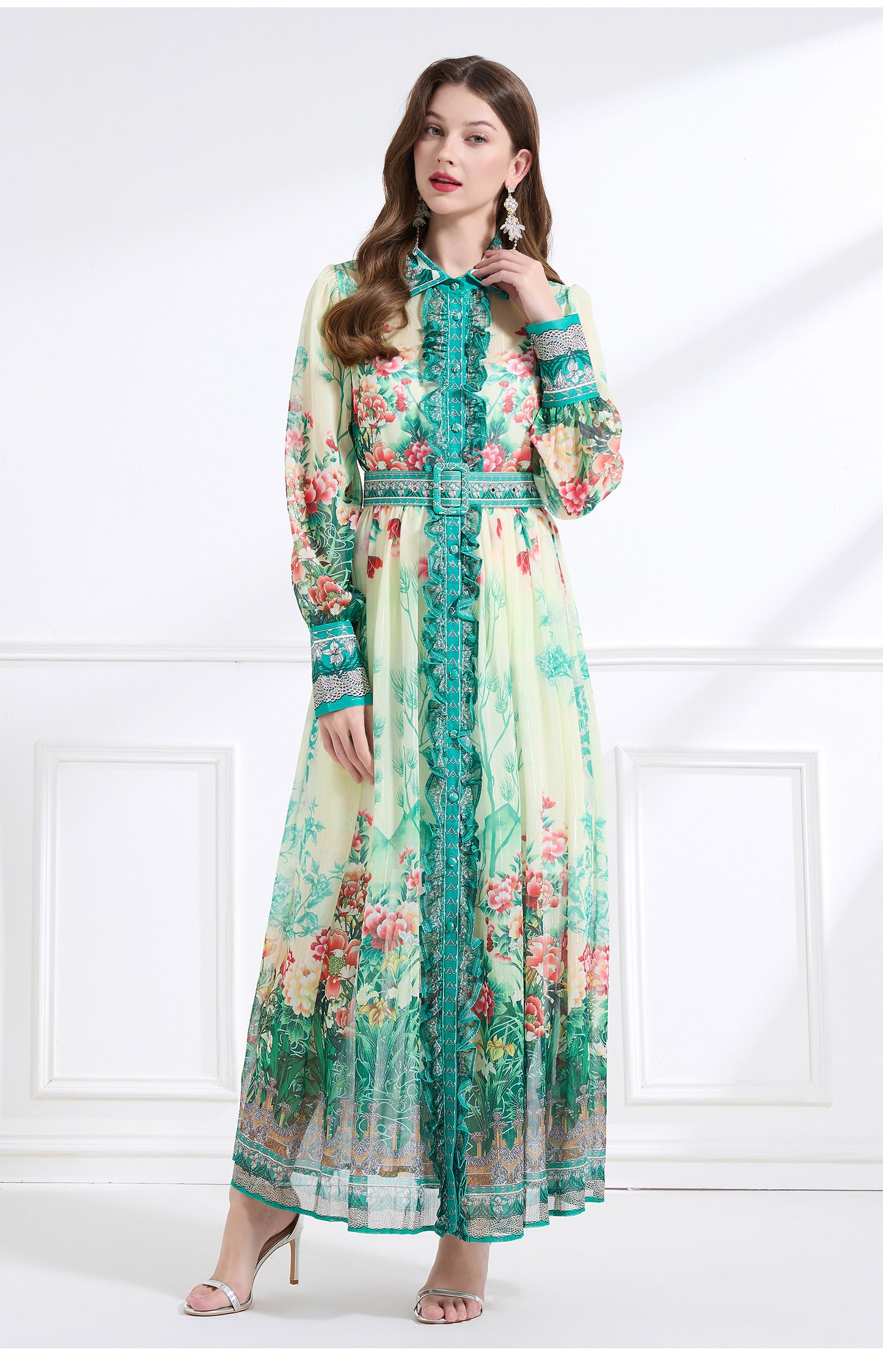 Original design - Spring/Summer, Autumn chiffon shirt collar print, long sleeves, cinched waist, ruffled maxi skirt