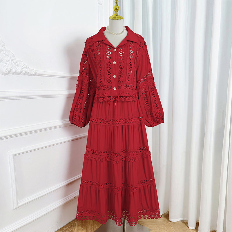 Meizhonggong boutique cut-out lapel lace stitched pendant lace maxi skirt set