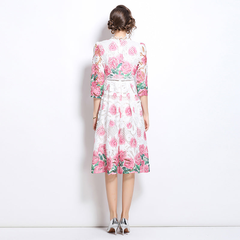 Original design mid long sleeved fashionable slimming hollow out water-soluble lace positioning mid length dress