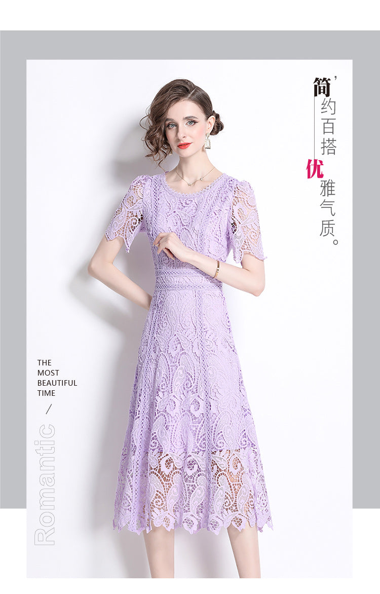 Original design temperament short sleeved skirt slim fit waist cinching heavy industry water-soluble lace dress for women