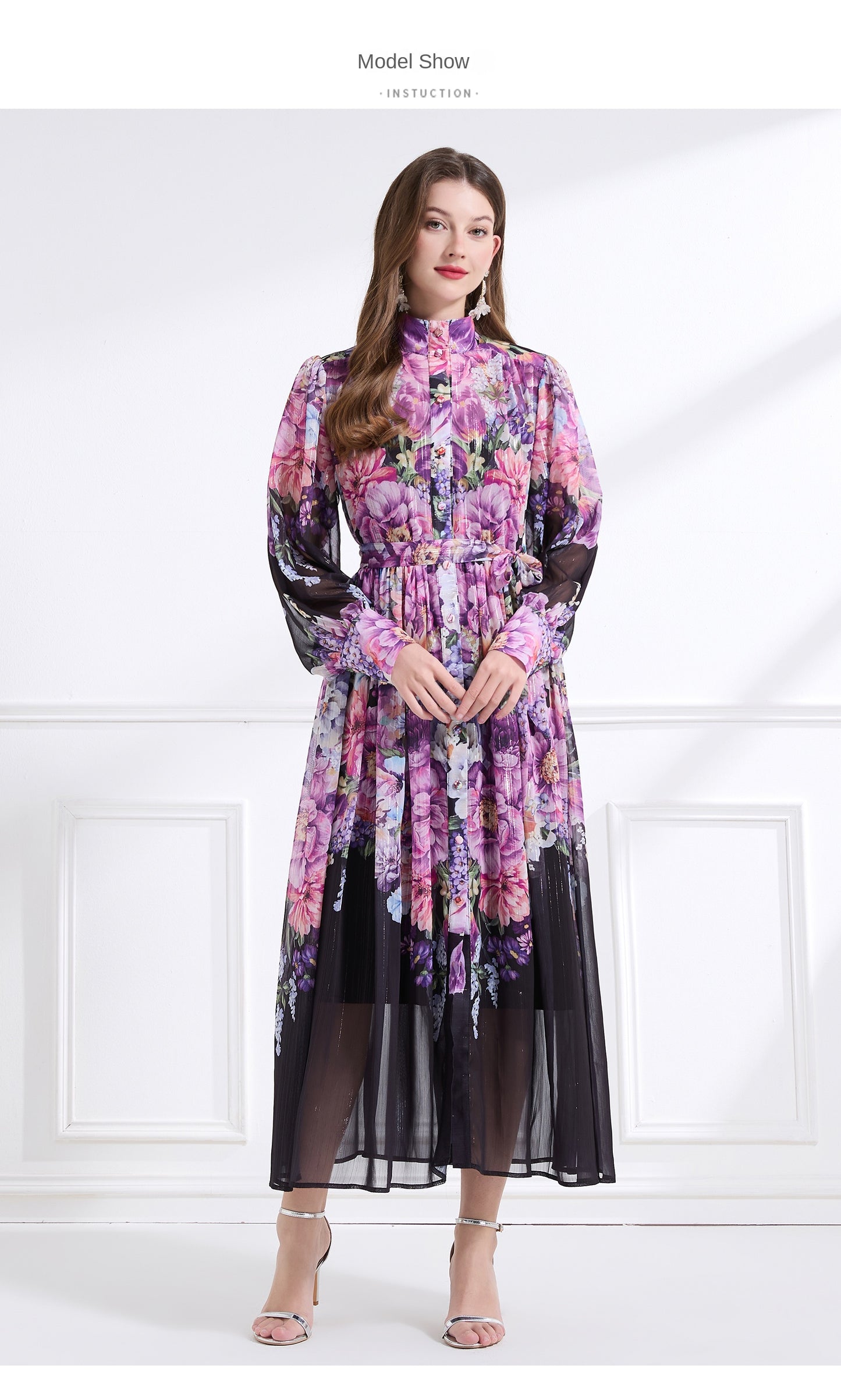 Original design - stand collar, watercolor, floral print, balloon sleeves, cinched waist, large skirt, ruffled skirt