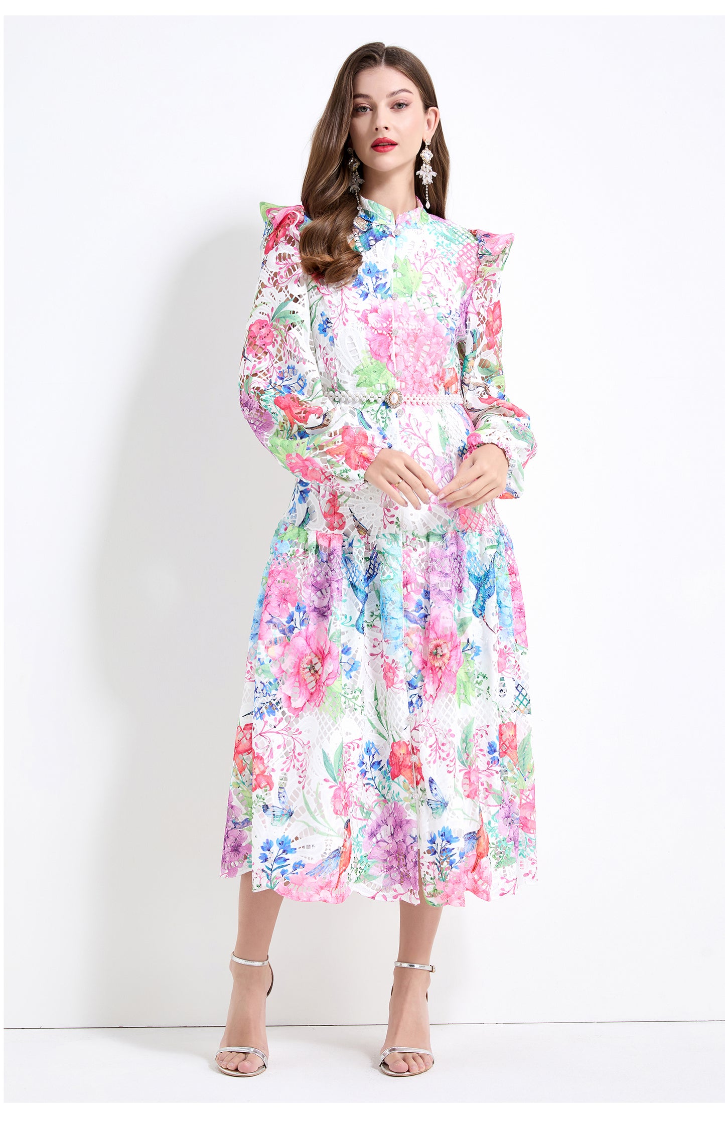 Original design - Spring/Summer vintage stand collar floral print heavy industry water-soluble long waist lace dress