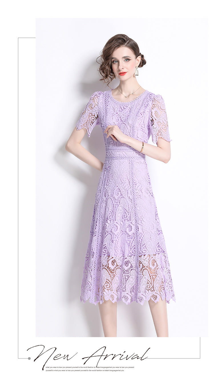 Original design temperament short sleeved skirt slim fit waist cinching heavy industry water-soluble lace dress for women