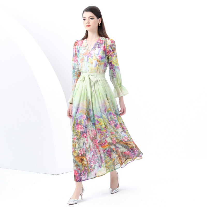 Original design - spring and summer real shot - spot light luxury heavy work chiffon splicing tape embroidery high-waisted thin temperament dress