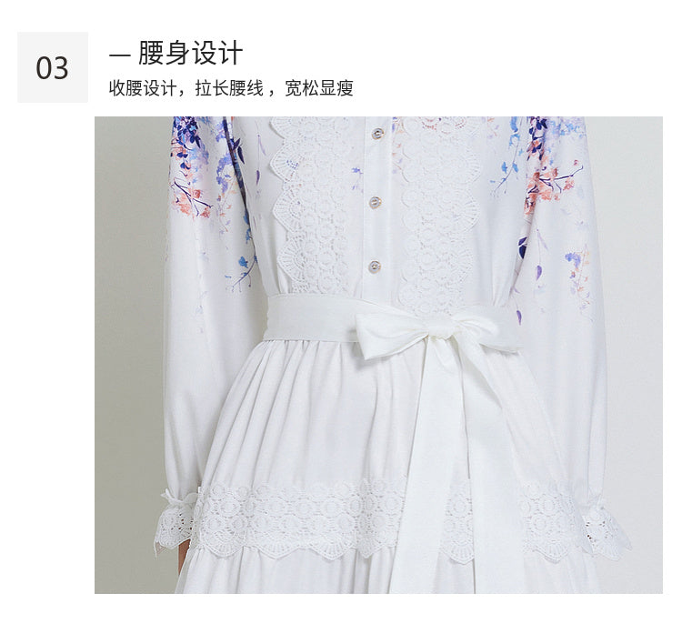 Original design fashionable bohemian lapel lace border lantern sleeves cinched waist long printed dress