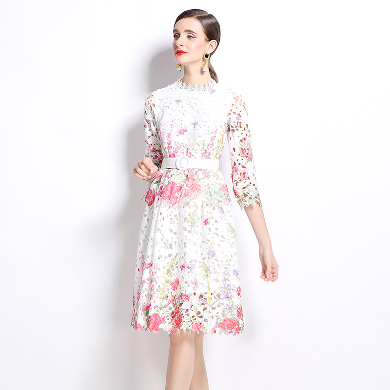 Original design mid long sleeved fashionable slimming hollow out water-soluble lace positioning mid length dress