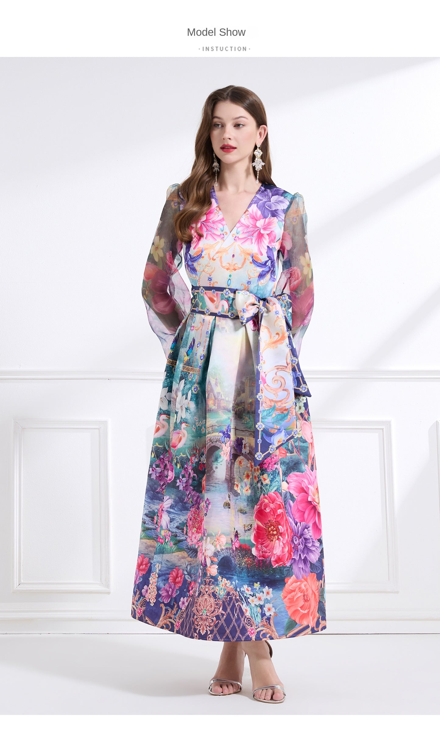 Original design - spring/summer resort-style lace-up wrap skirt, balloon sleeves, cross collar print, wide hem ruffle skirt