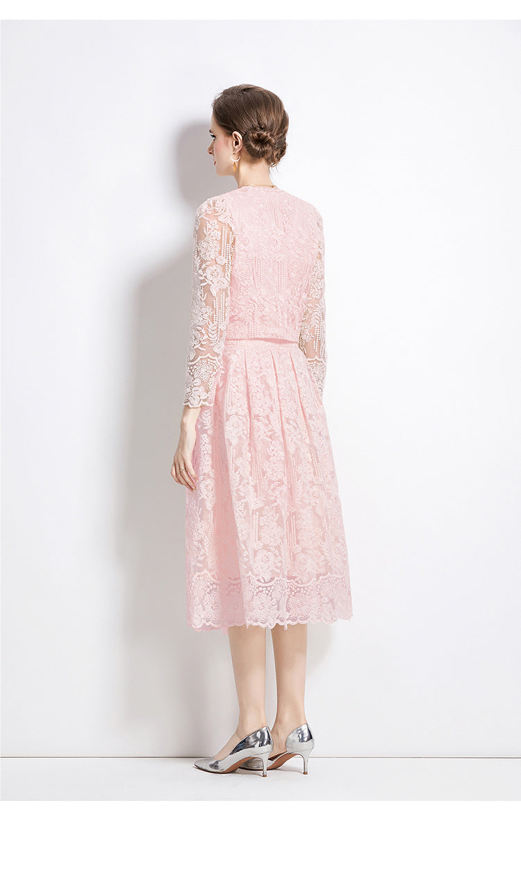 Original design for spring and summer long sleeved small fragrance style set light luxury temperament water-soluble lace skirt two-piece set