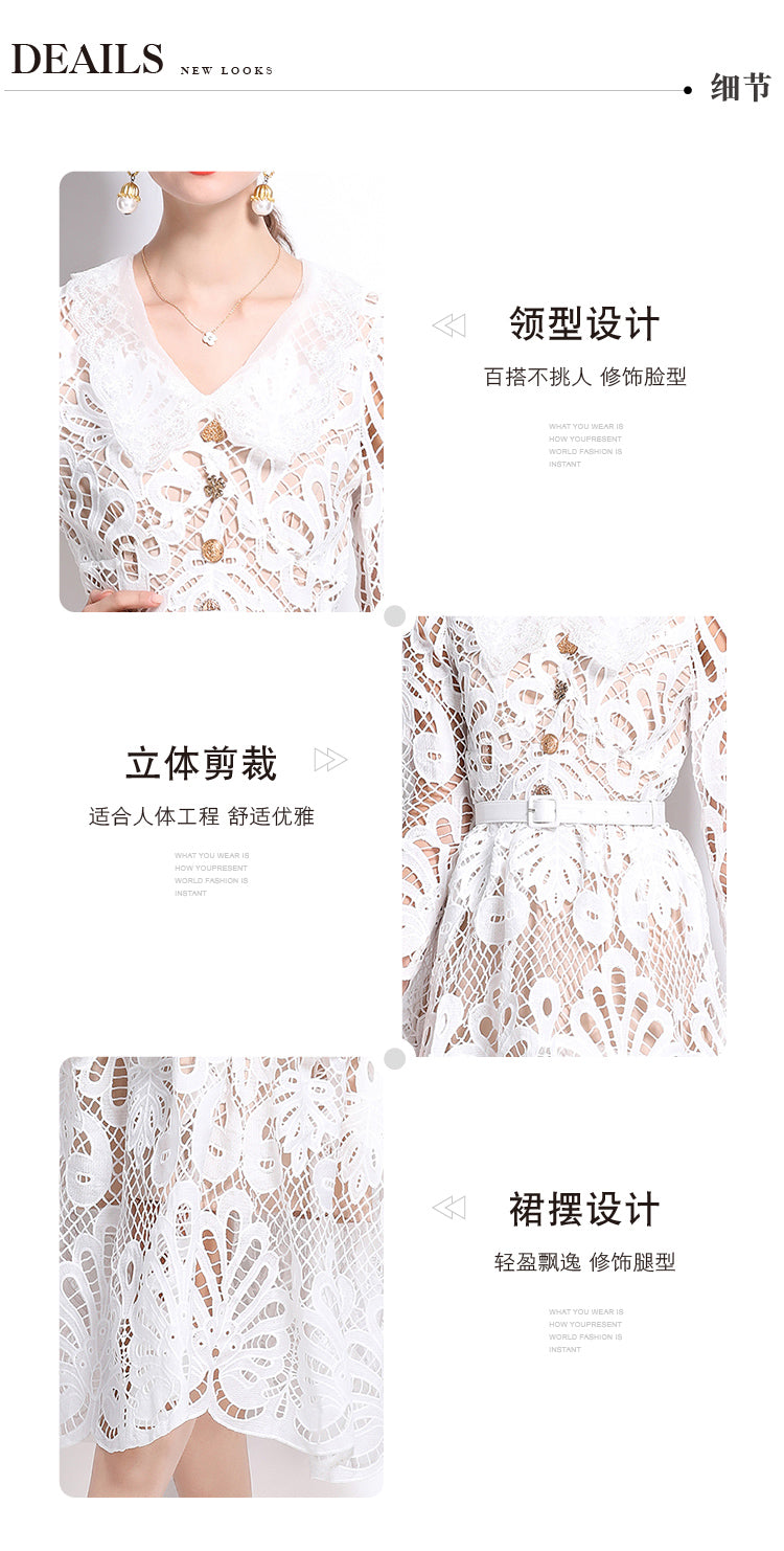 Original Design: Spring and Summer High End Water soluble Embroidered Medium length Skirt with V-neck and Waist cinching to Look Thin Dress
