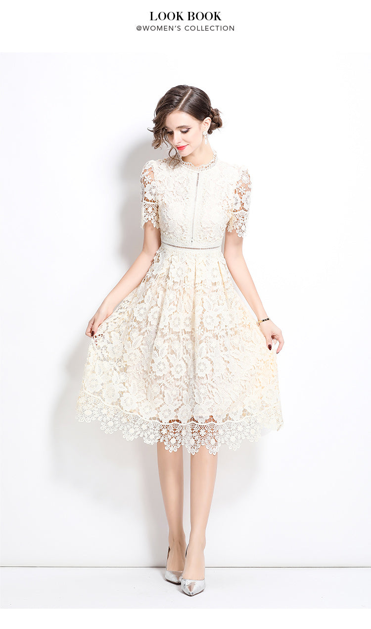 Original design short sleeved slimming hollow out water-soluble lace positioning mid length dress