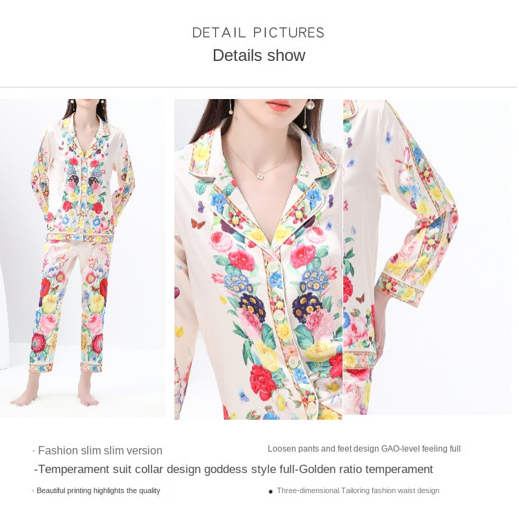 original design Spring/Summer casual trim pyjama suit set with a suit collar and long sleeves and trousers print two-piece set