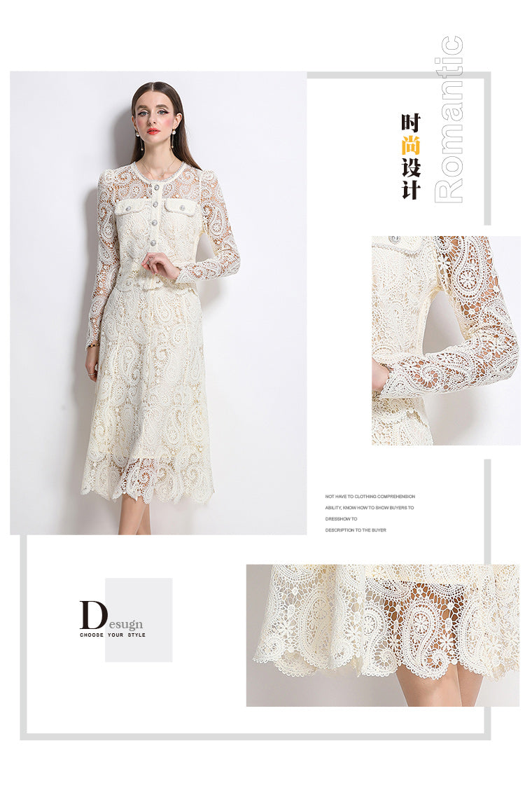 Real shot spot8583# New Style Chanel-Inspired Set Light Luxury High-End Water-Soluble Lace Skirt Two-Piece Set