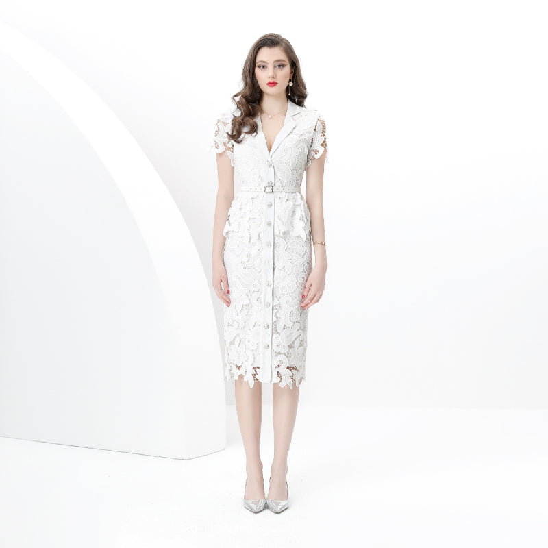 Original design for spring and summer suit collar, short sleeved, single breasted, lace waist wrapped, mid length dress